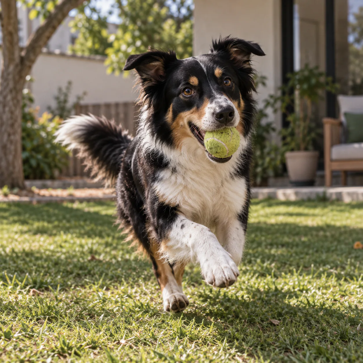 Perro corriendo con una pelota en la boca