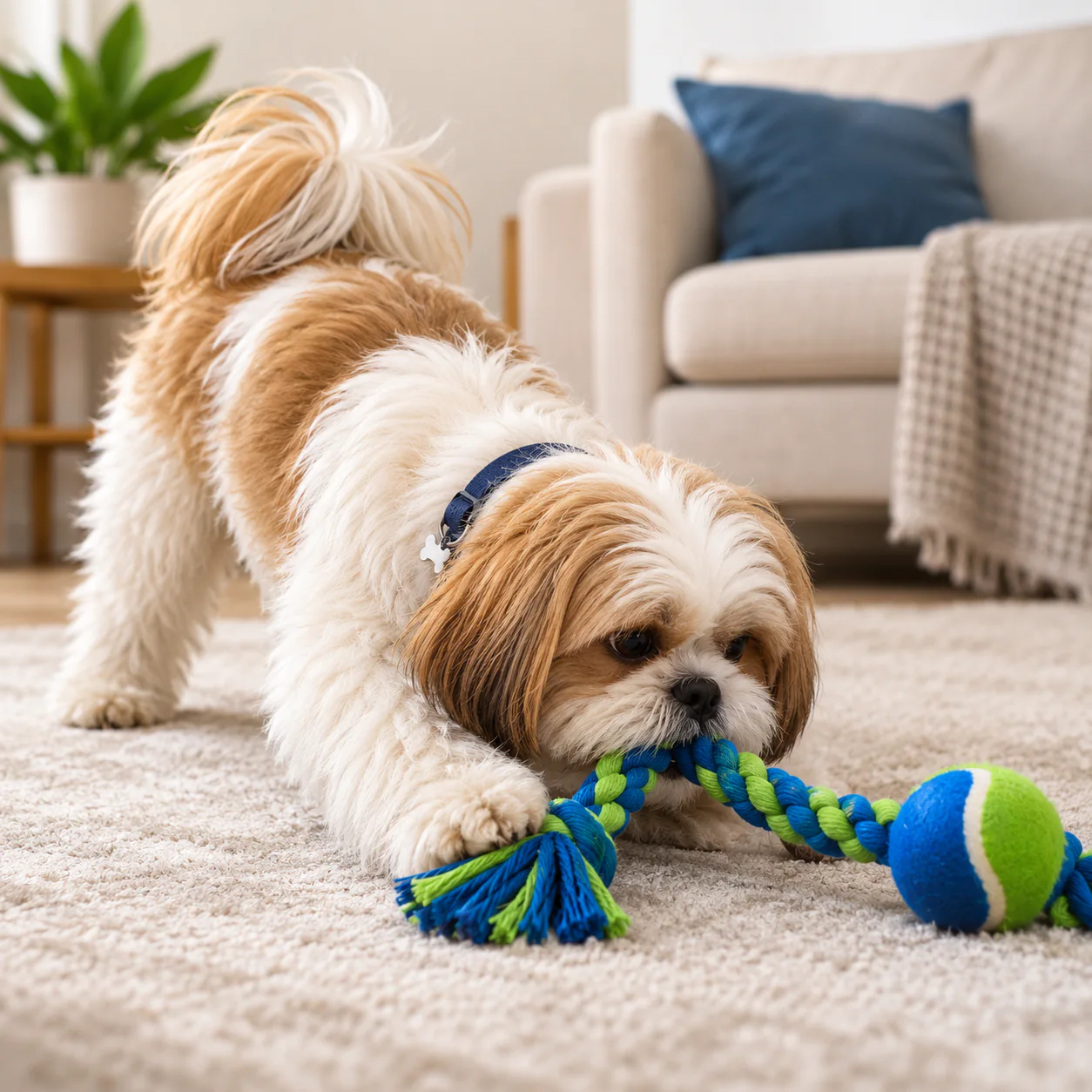 Perro jugando con una cuerda