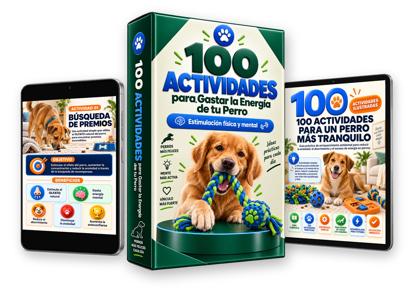 100 Actividades para Gastar la Energía de tu Perro presentado con libro, celular y tablet